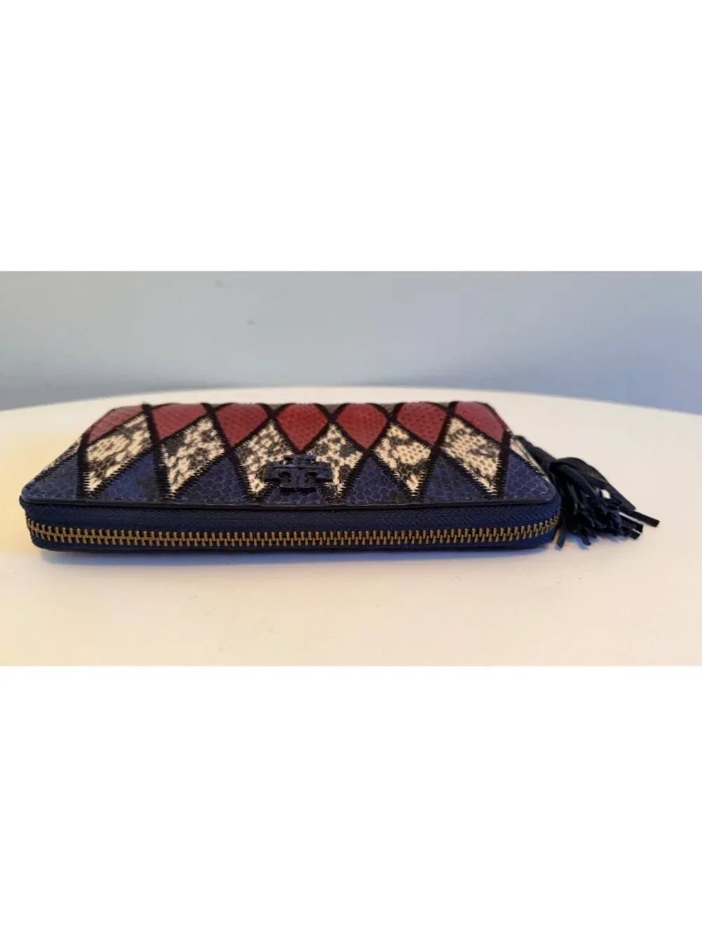 Tory Burch Taylor Zip Continental Wallet Snake-Embossed Leather Harlequin Tassel